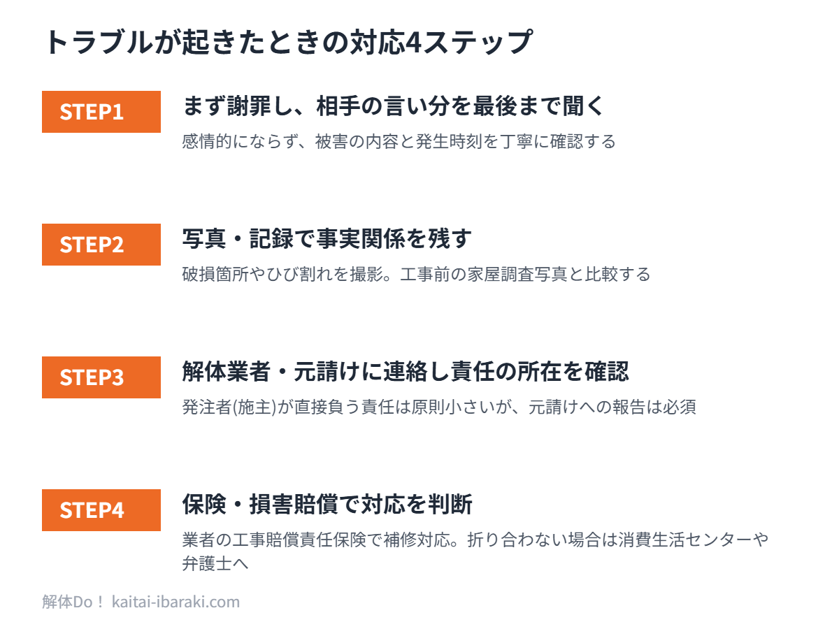 解体工事の近隣トラブル対応4ステップのフロー図