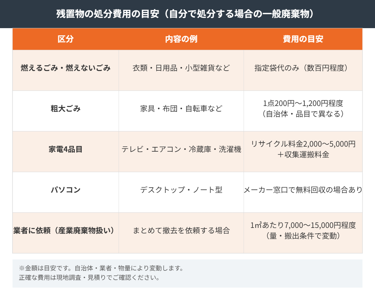 残置物 処分費用の目安 早見表