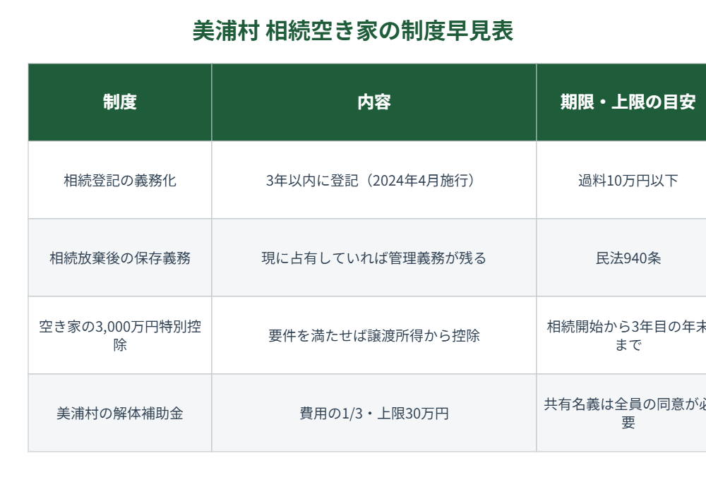 美浦村 相続空き家の制度早見表