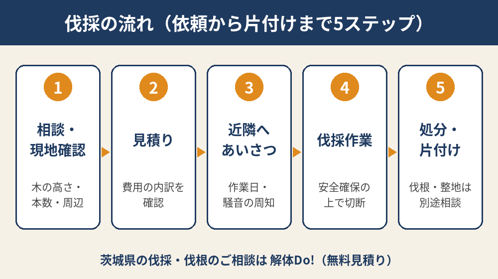 伐採の流れ（相談・見積り・近隣あいさつ・作業・処分の5ステップ）｜茨城県の伐採は解体Do!
